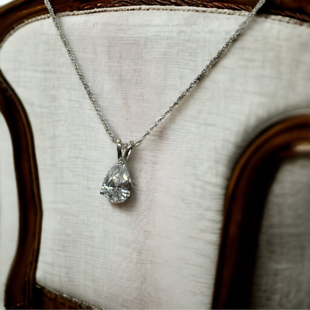 Diamonique Pear Shaped Pendant Sterling Silver Necklace Chain CZ 18"